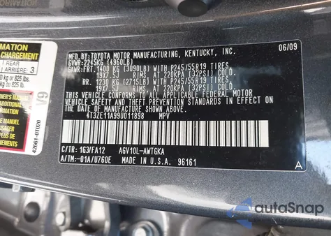 2009 Toyota Venza z USA, uszkodzony, nr VIN 4T3ZE11A99U011898